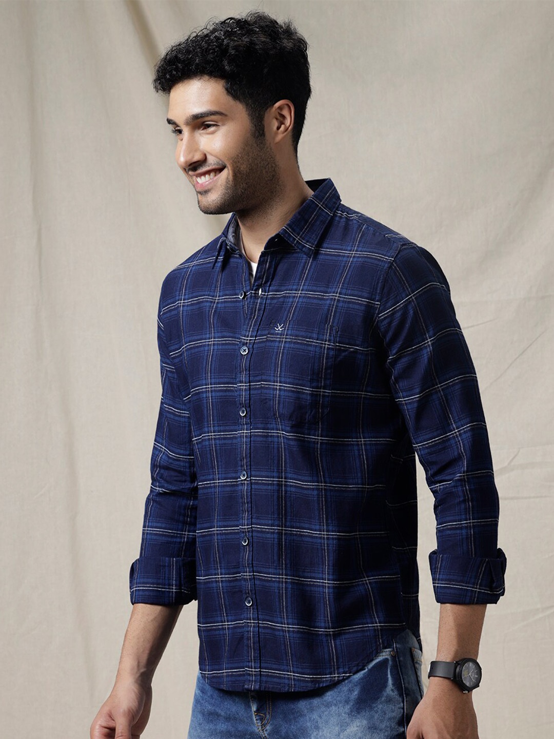 

WROGN Tartan Checked Slim Fit Cotton Shirt, Navy blue