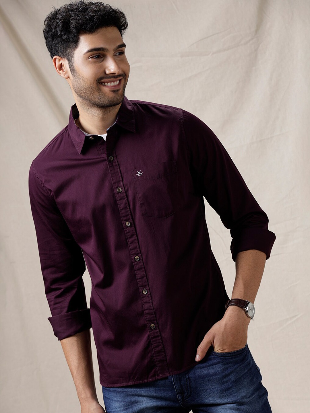 

WROGN Spread Collar Slim Fit Cotton Shirt, Maroon