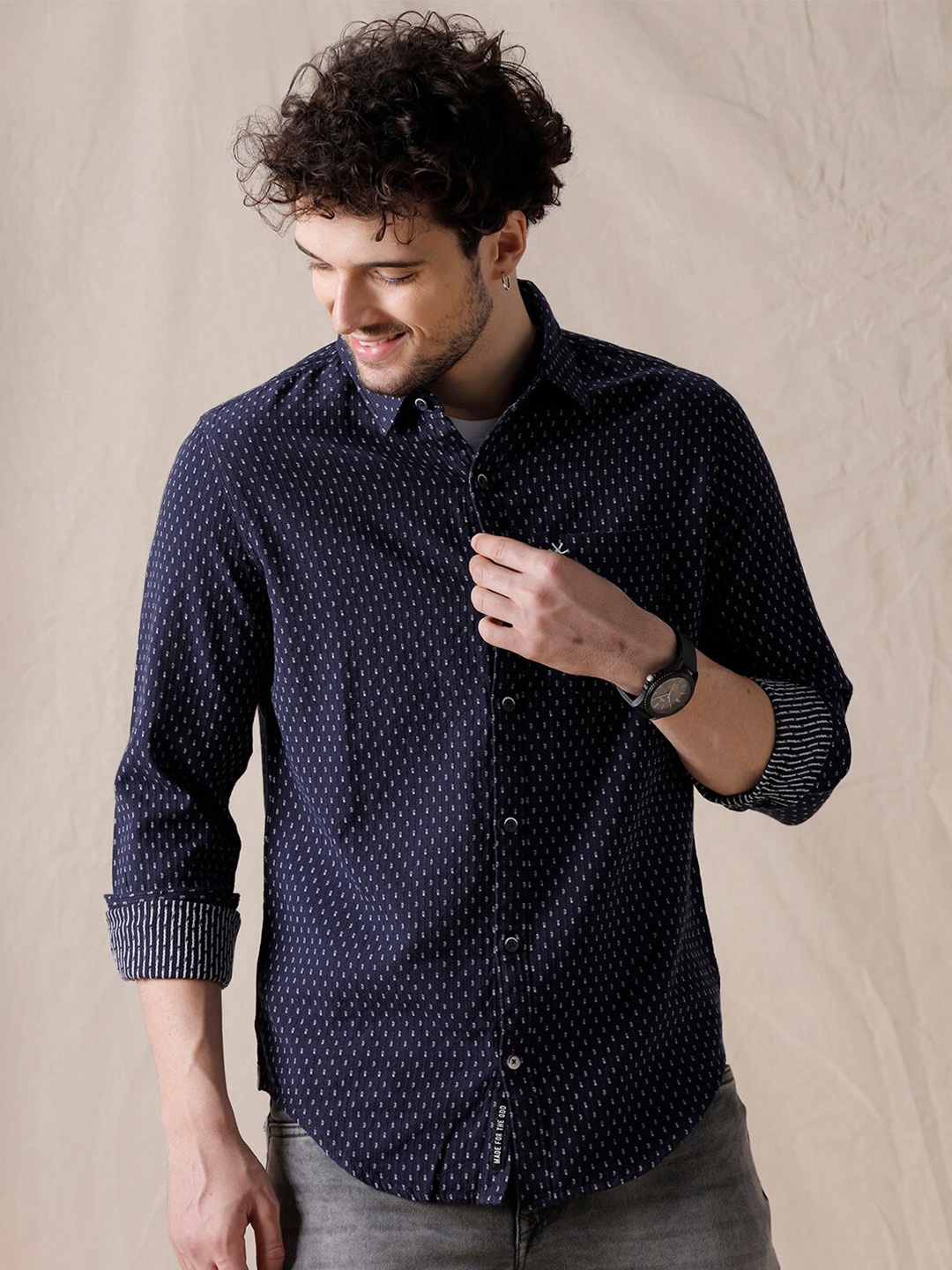 

WROGN Floral Printed Slim Fit Cotton Shirt, Navy blue