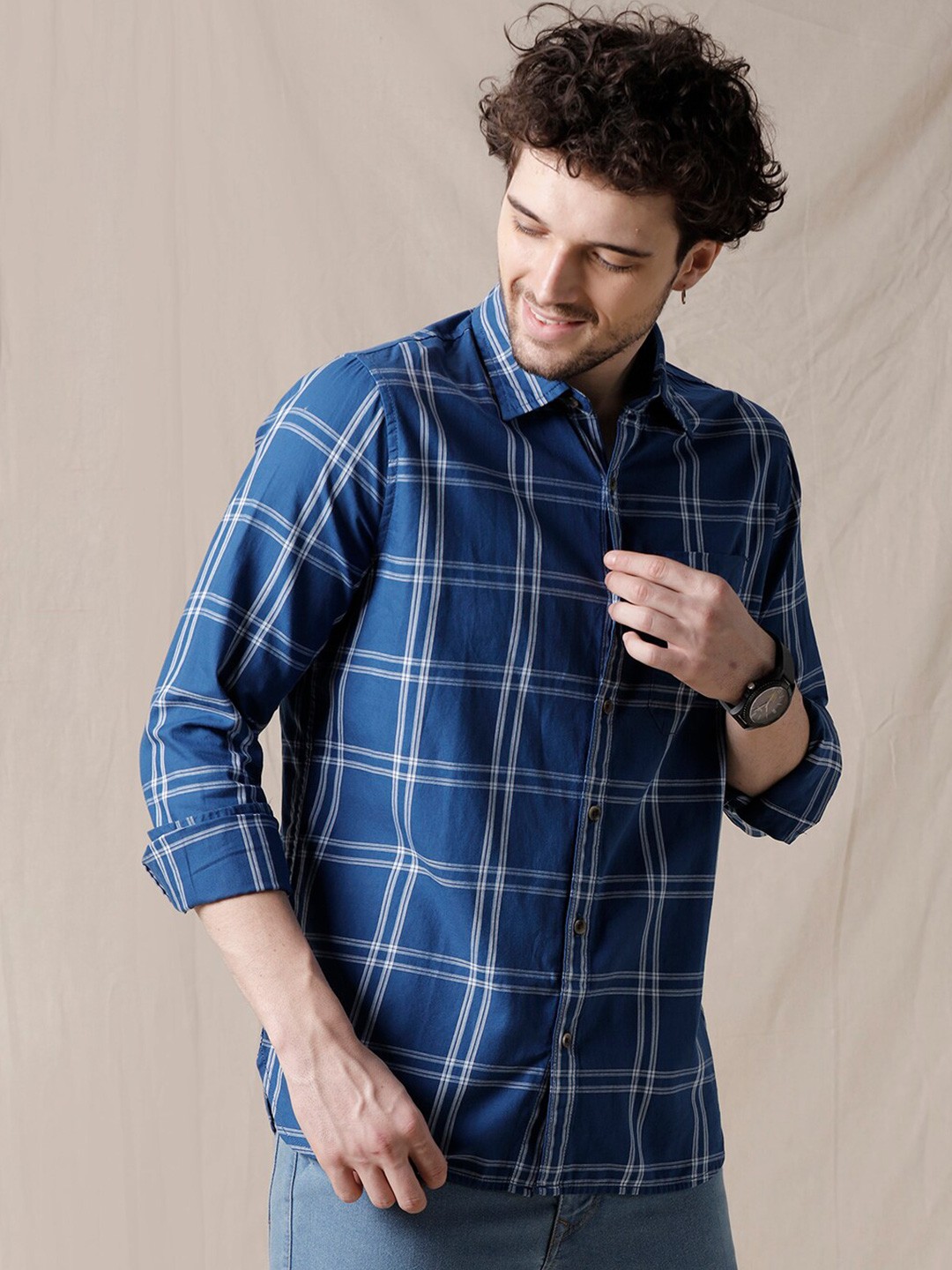 

WROGN Tartan Checked Cotton Casual Shirt, Blue