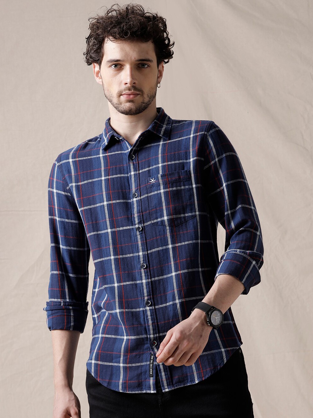 

WROGN Slim Fit Grid Tattersall Checked Cotton Casual Shirt, Navy blue