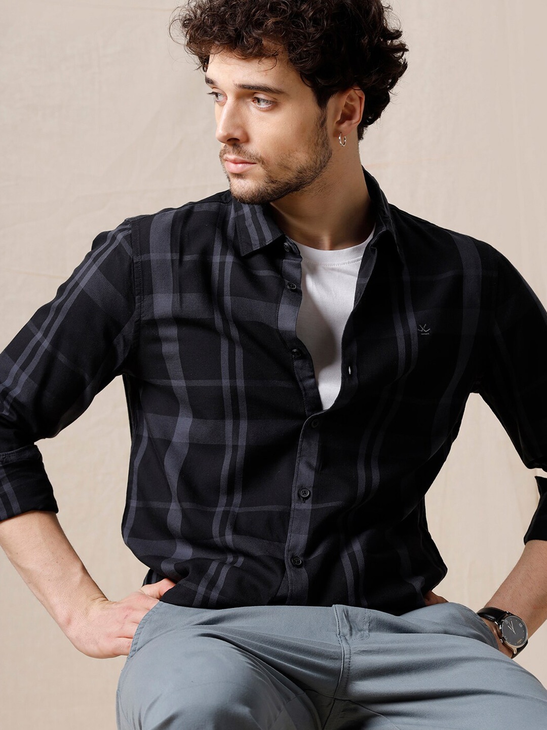 

WROGN Slim Fit Tartan Checked Spread Collar Cotton Casual Shirt, Black