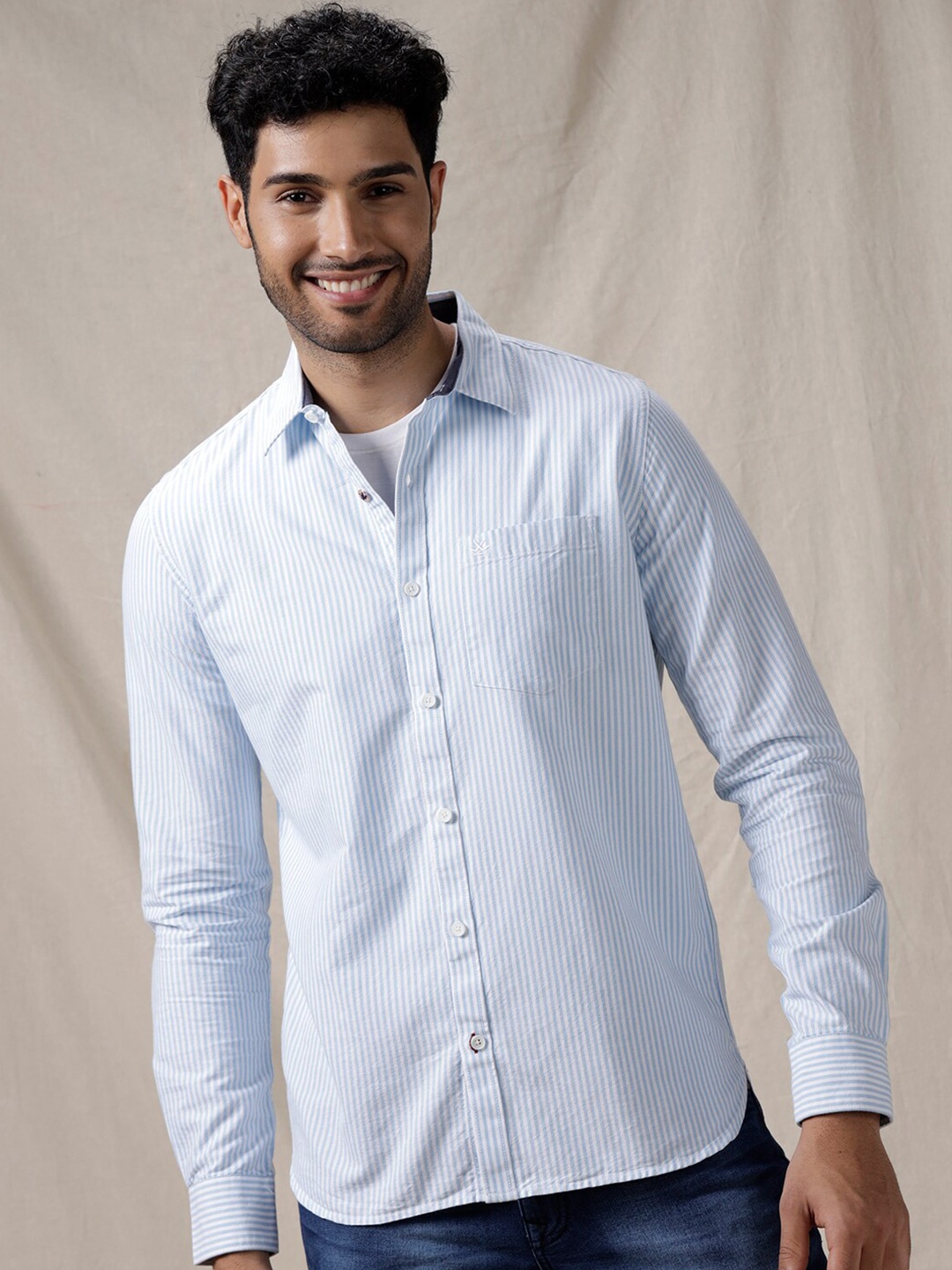 

WROGN Slim Fit Vertical Striped Cotton Casual Shirt, Blue