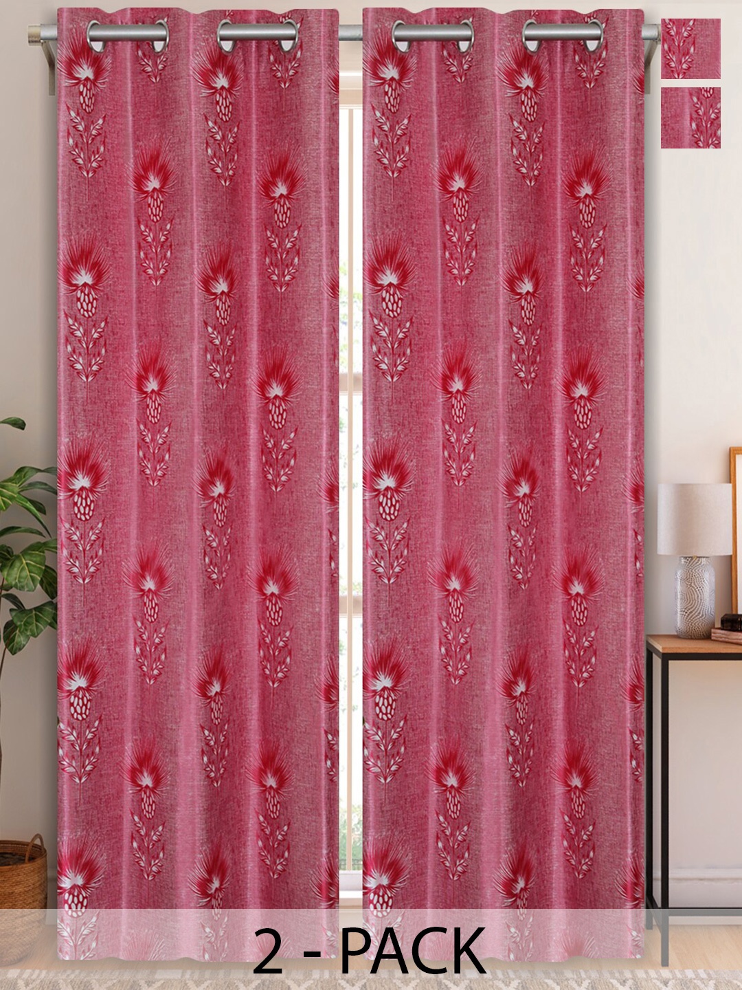 

Aura Pink & White 2 Pieces Floral Printed Room Darkening Eyelet Long Door Curtains