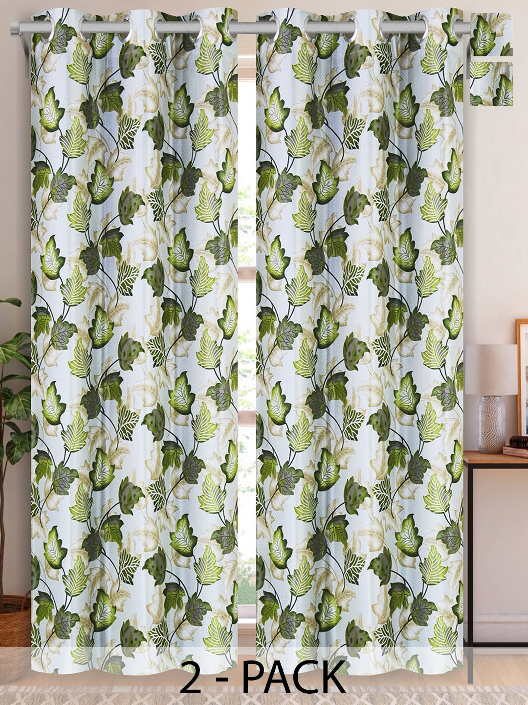 

Aura White & Green 2 Pieces Floral Printed Room Darkening Eyelet Long Door Curtains
