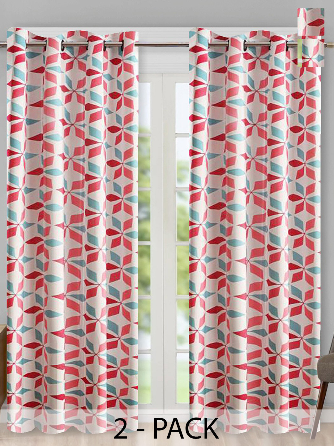 

Aura Pink & White 2 Pieces Geometric Room Darkening Long Door Curtains