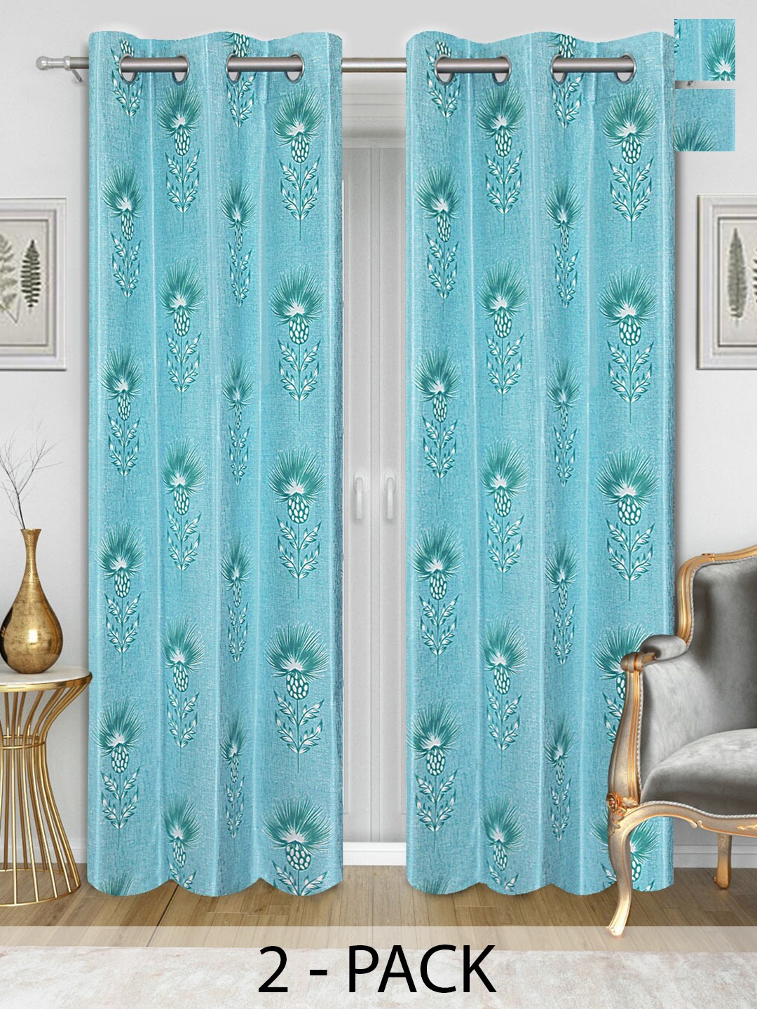 

Aura Blue & White 2 Pieces Floral Room Darkening Long Door Curtains