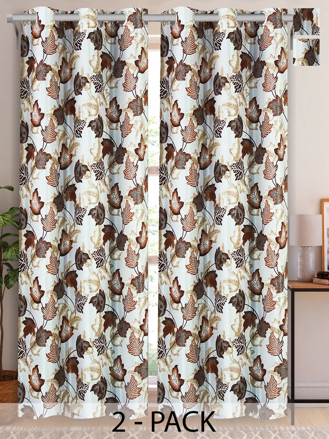Aura Brown & White 2 Pieces Floral Room Darkening Long Door Curtains