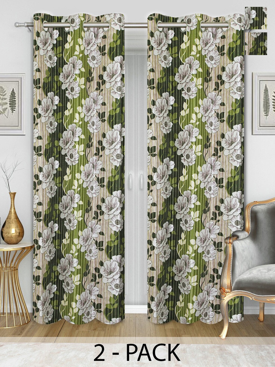

Aura Green & White 2 Pieces Floral Room Darkening Long Door Curtains