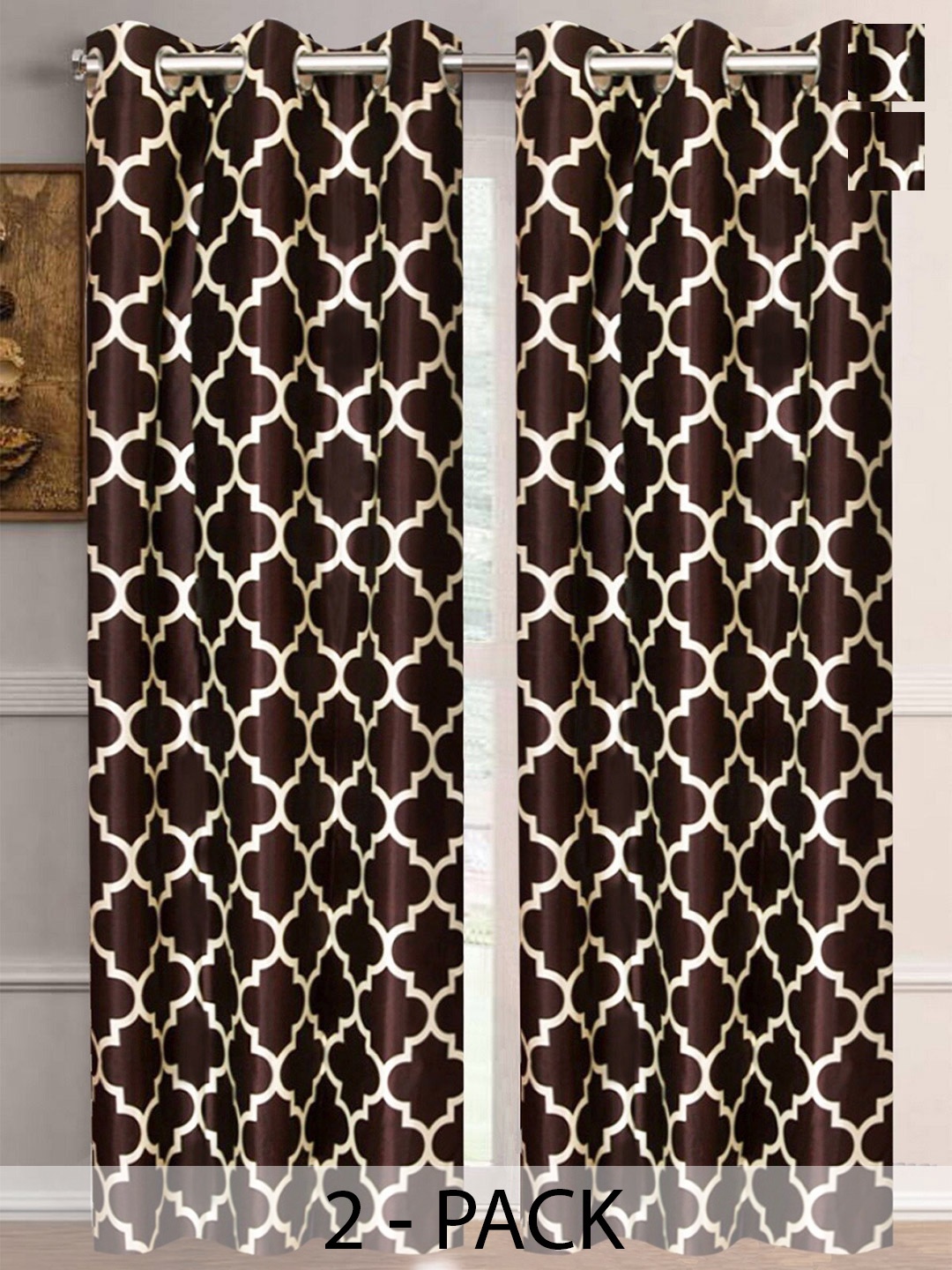 

Aura Brown & White 2 Pieces Geometric Room Darkening Long Door Curtains
