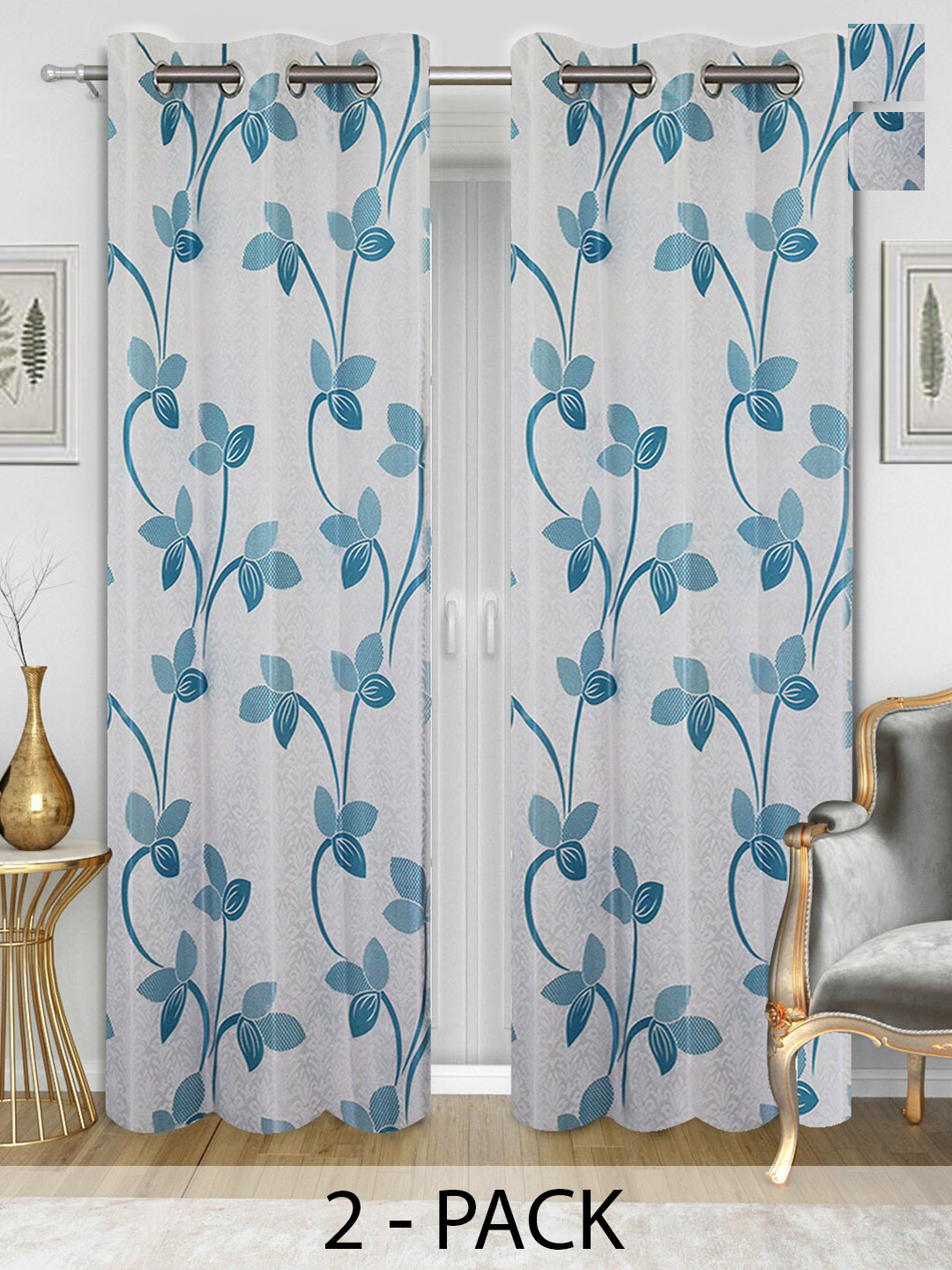 

Aura White & Blue 2 Pieces Floral Room Darkening Long Door Curtains