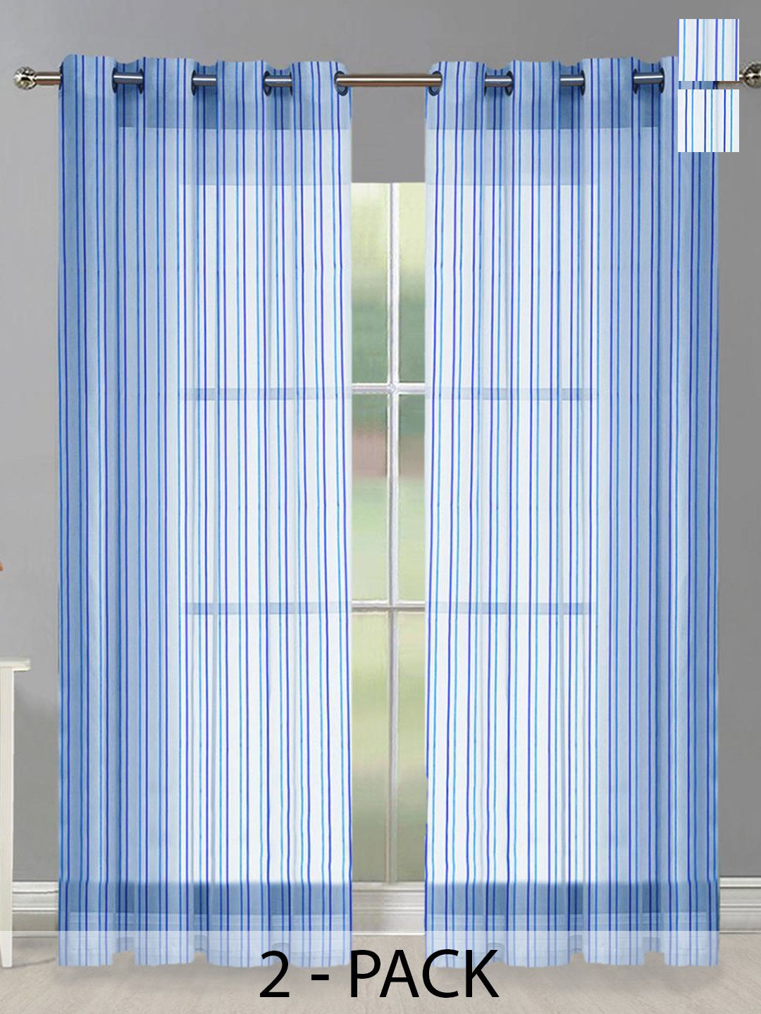 

Aura Blue 2Pcs Striped Sheer Long Door Curtain