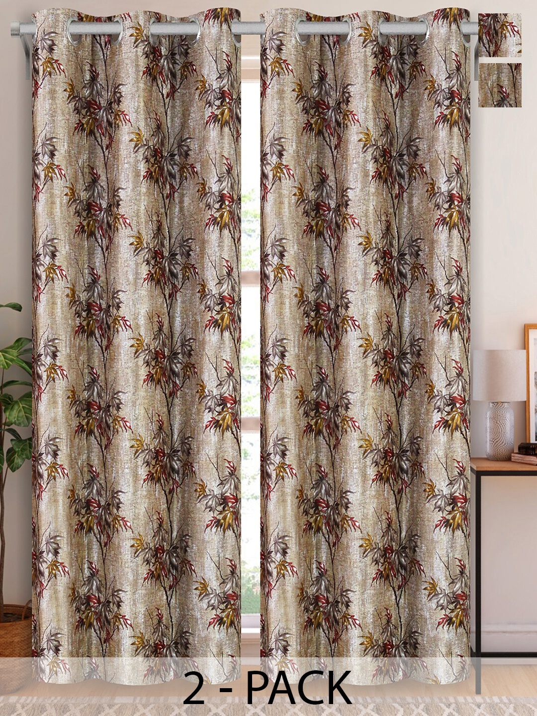 Aura Brown & Grey 2 Pieces Floral Long Door Curtains