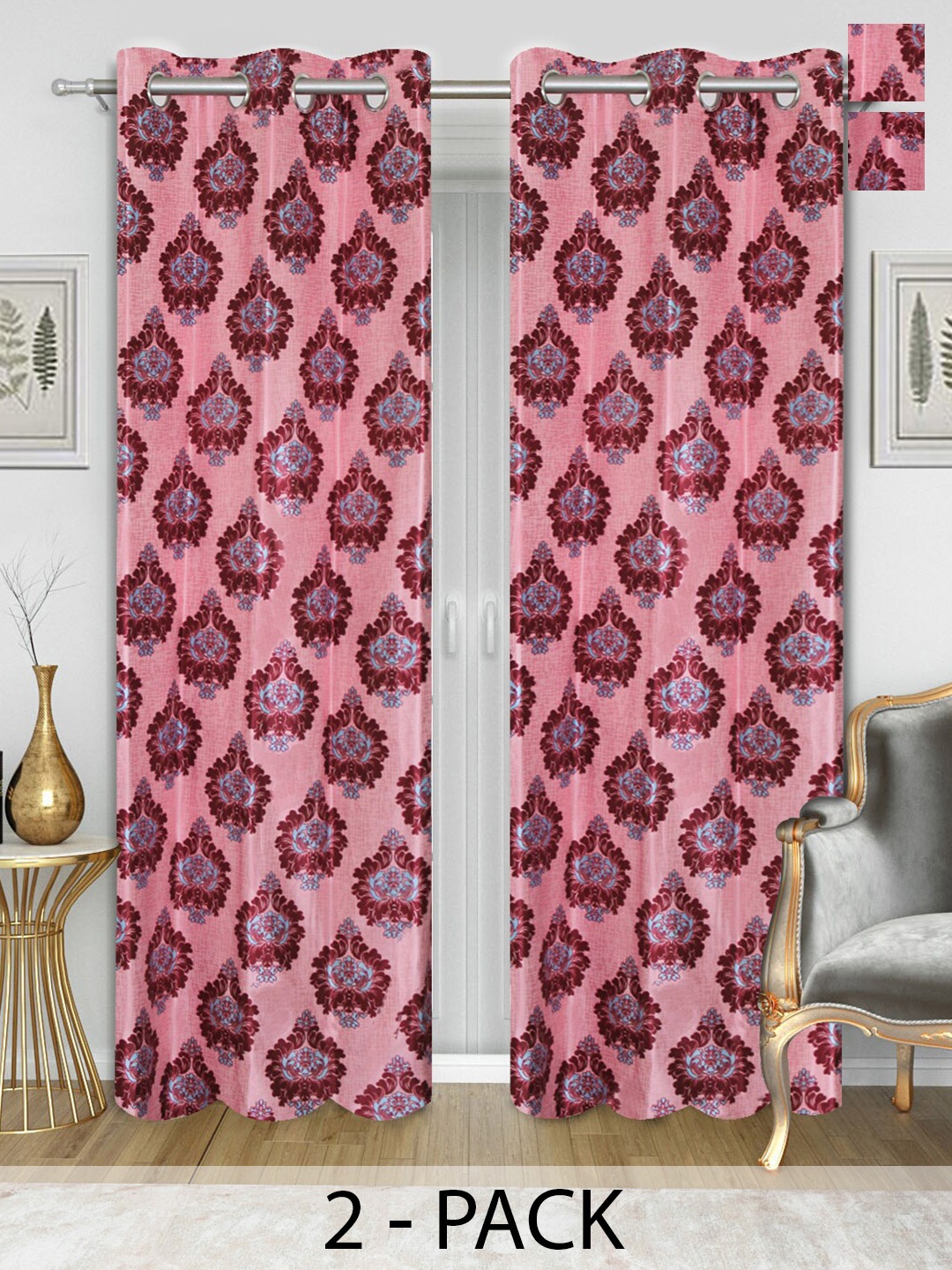 

Aura Pink & Maroon 2Pcs Ethnic Motifs Room Darkening Long Door Curtain