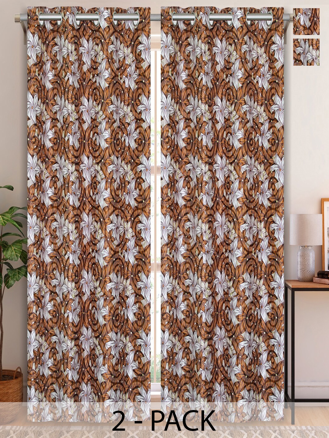 Aura Brown & White 2 Pieces Floral Room Darkening Long Door Curtains