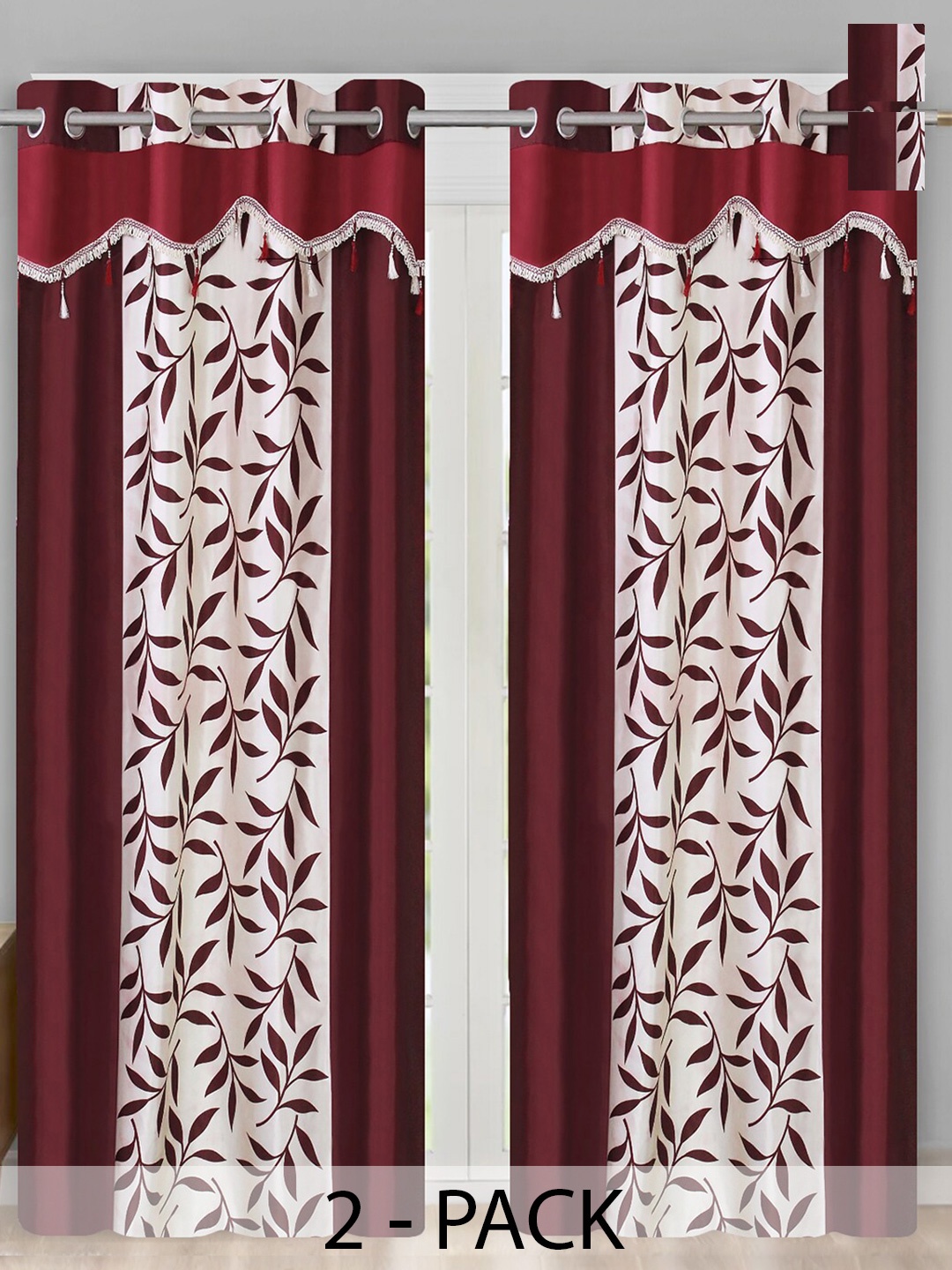 

Aura Maroon & White 2 Pieces Floral Printed Room Darkening Long Door Curtain