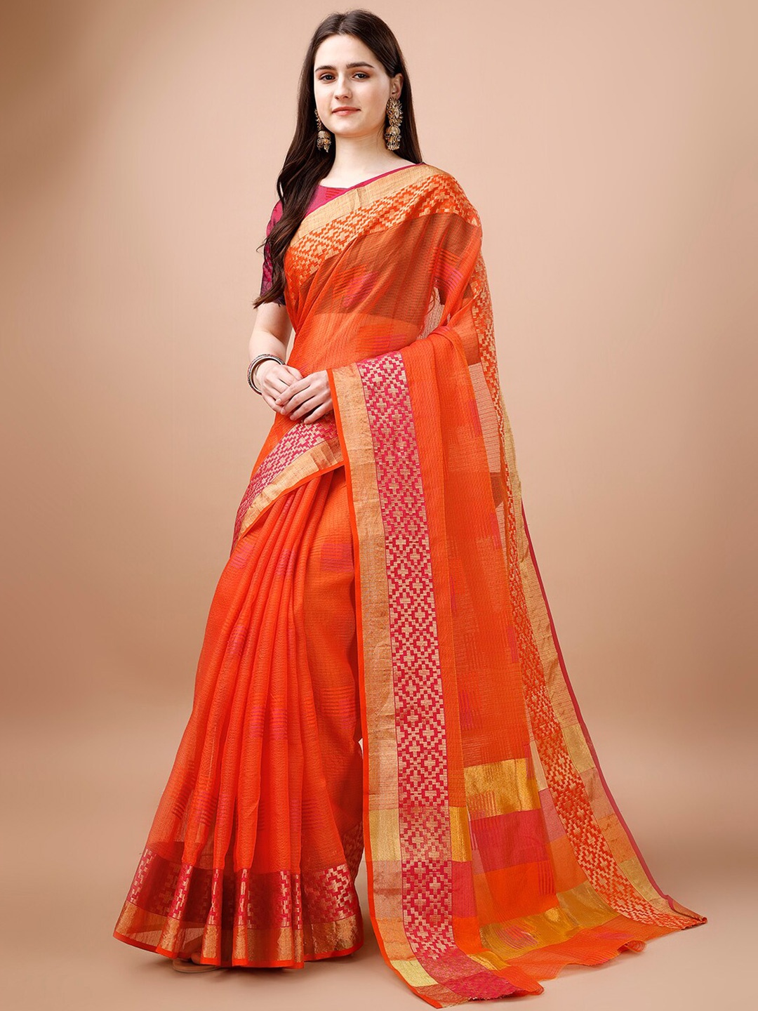 

MAGMINA Woven Design Zari Silk Kanjeevaram Saree, Orange