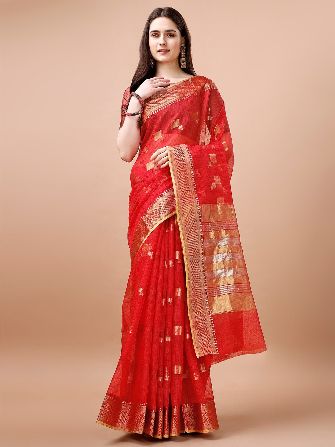 

MAGMINA Geometric Woven Design Kota Doriya Zari Kanjeevaram Saree, Red