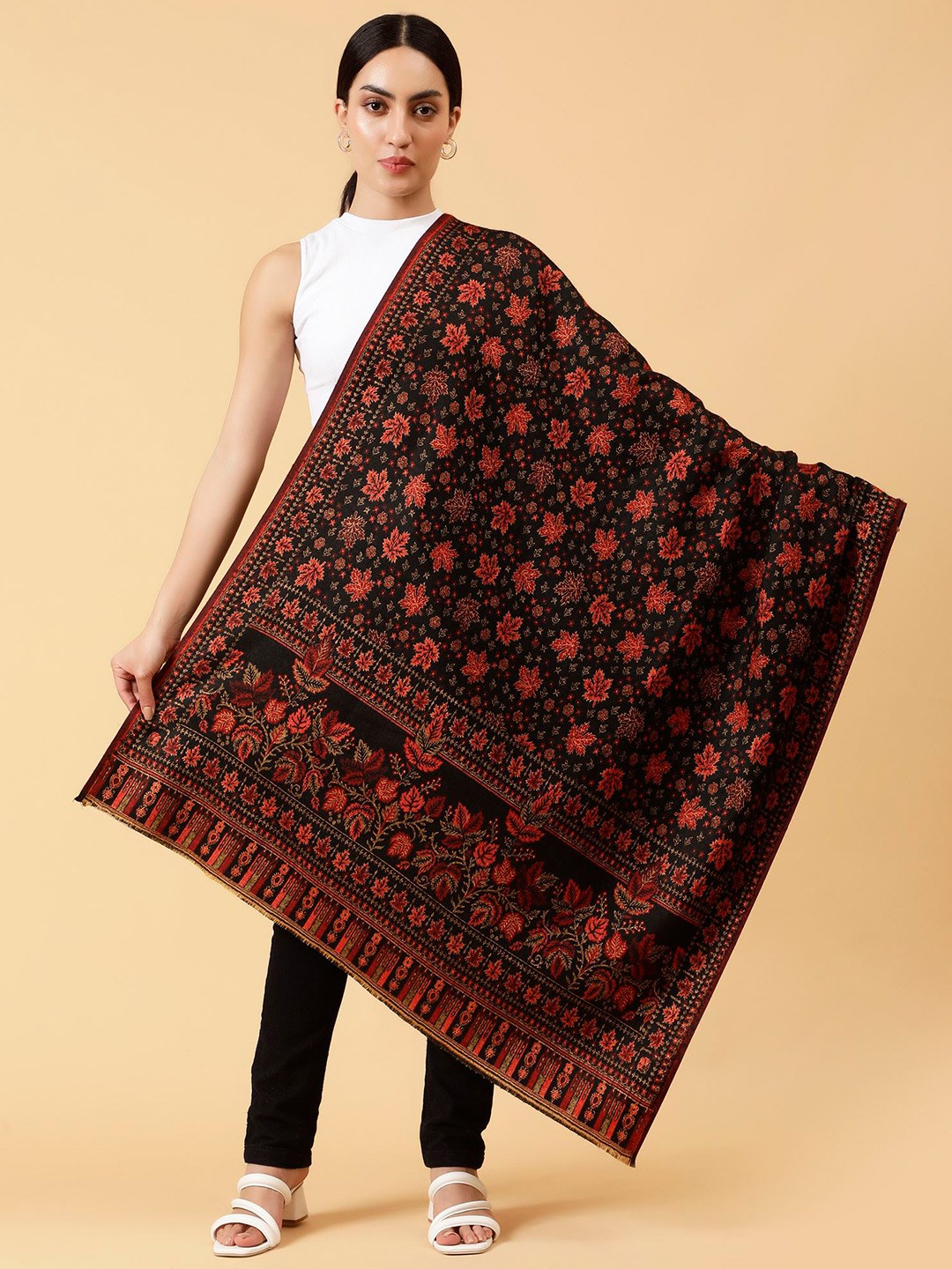 

Moda Chales Floral Woven Design Woollen & Acrylic Shawl, Black