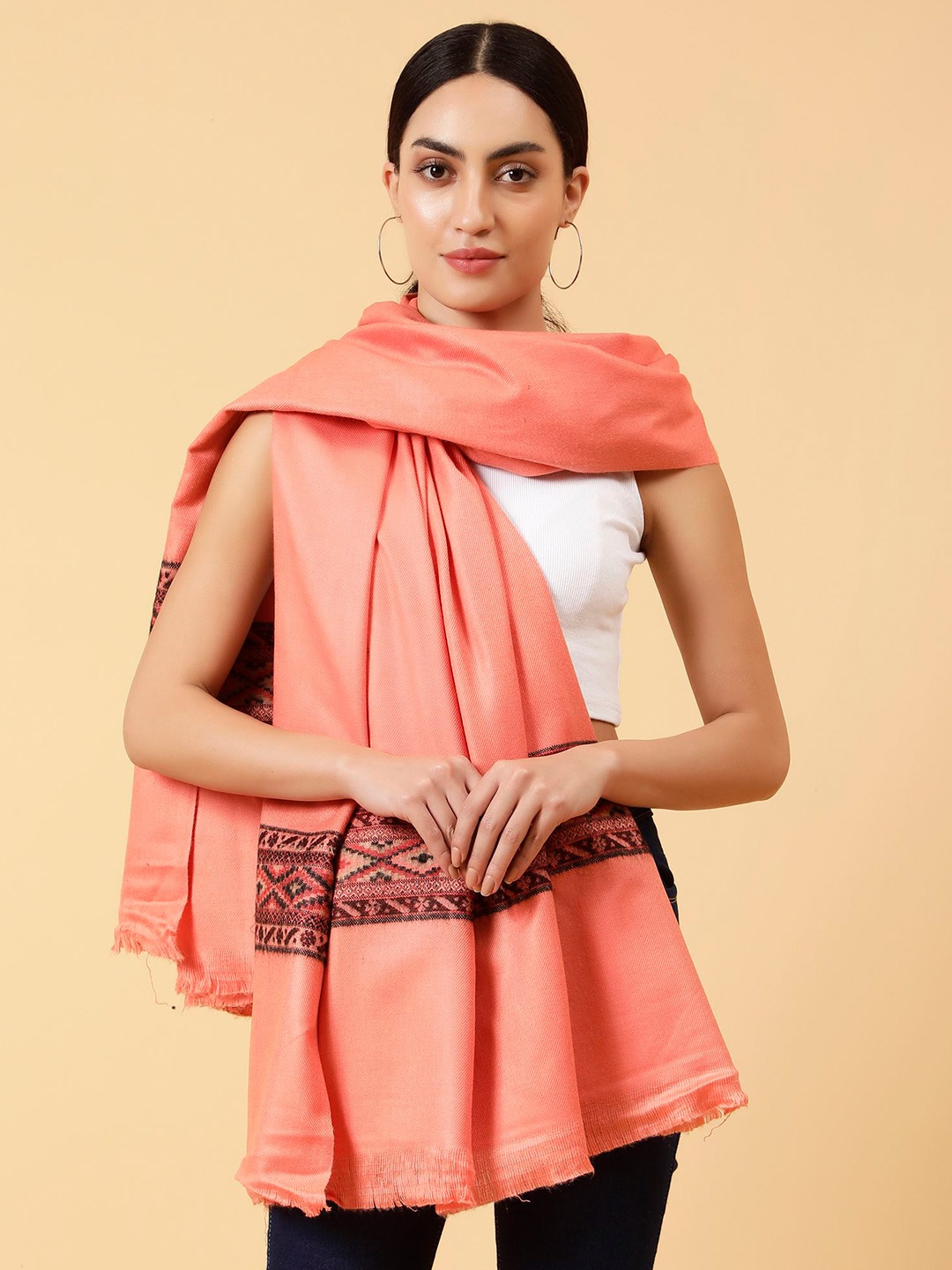 

Moda Chales Floral Woven Design Woollen & Acrylic Shawl, Peach