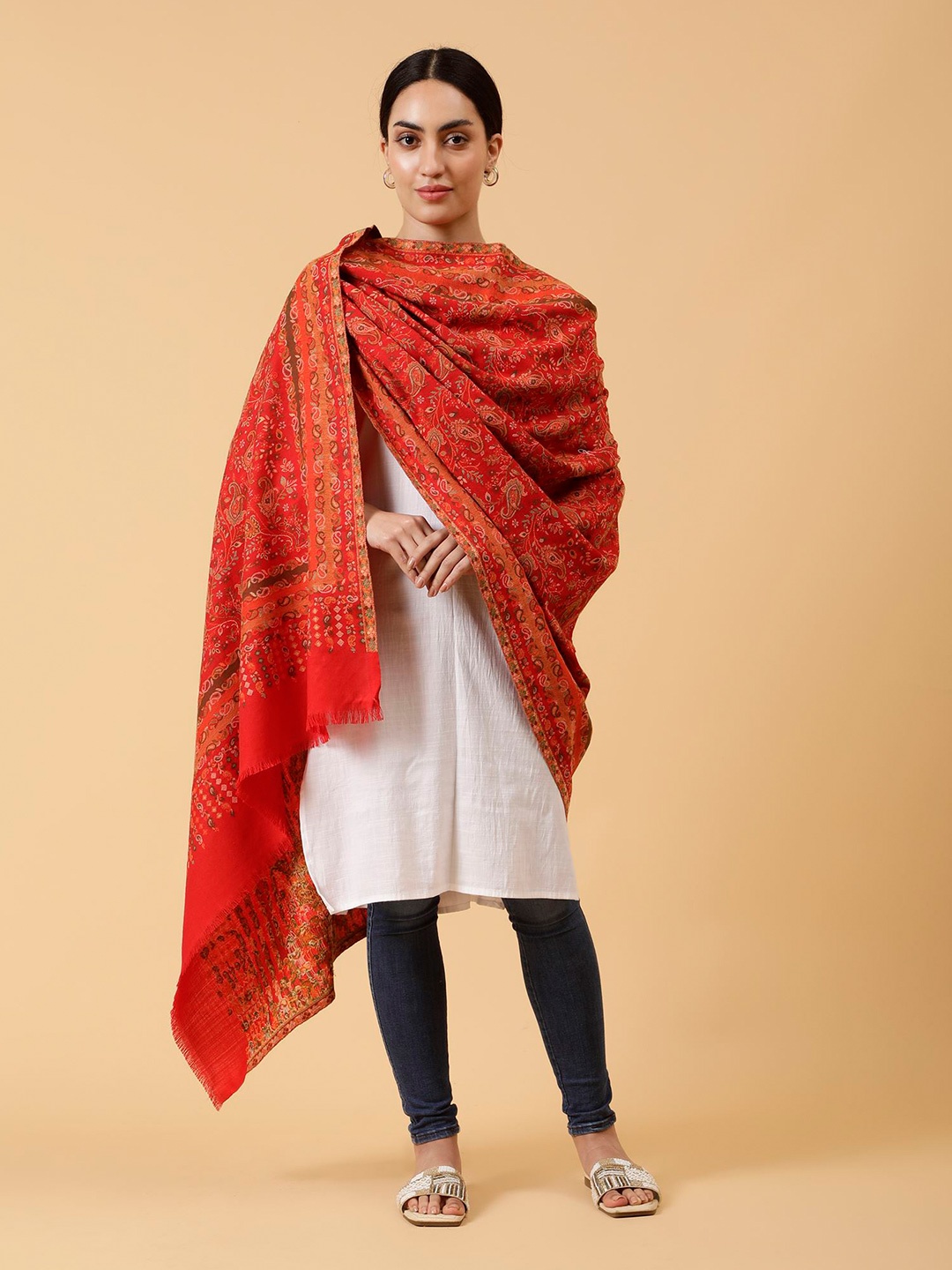 

Moda Chales Ethnic Motifs Woven Design Woollen Shawl, Red