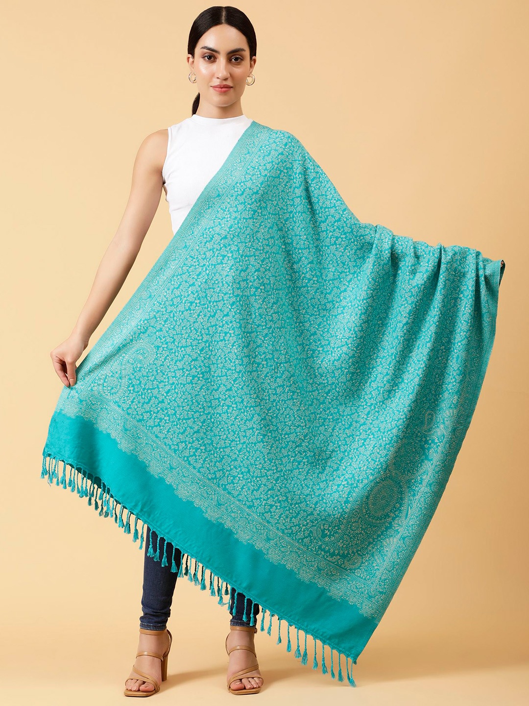 

Moda Chales Floral Woven Design Zari Acrylic Shawl, Sea green