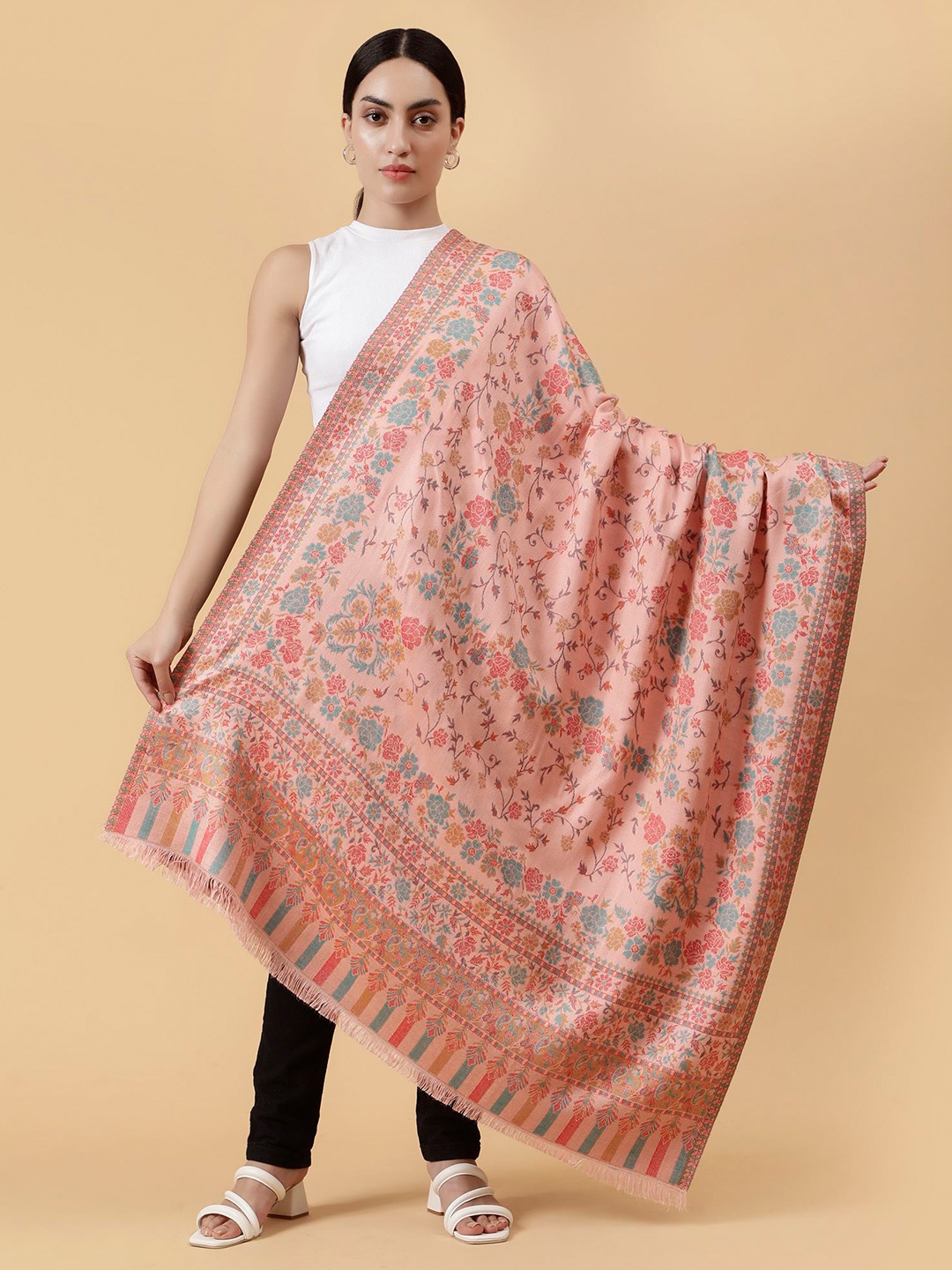 

Moda Chales Floral Woven Design Woollen Shawl, Peach