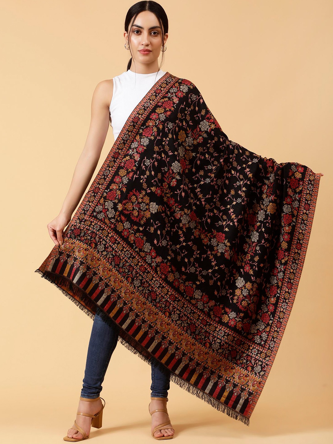 

Moda Chales Floral Woven Design Woollen Shawl, Black