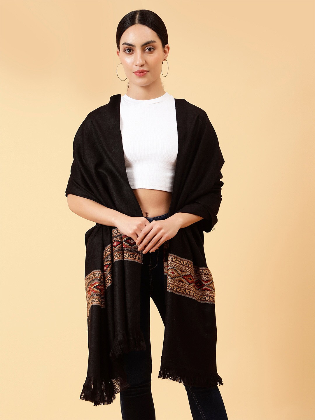 

Moda Chales Tribal Woven Design Fringed Border Shawl, Black