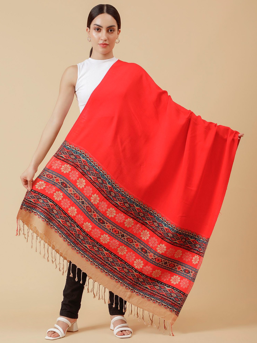 

Moda Chales Floral Woven Design Acrylic Shawl, Red