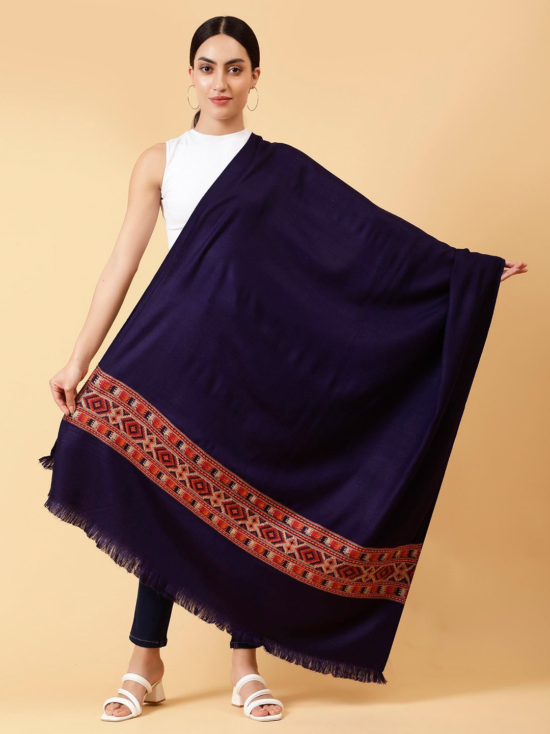 

Moda Chales Tribal Woven Design Fringed Shawl, Navy blue