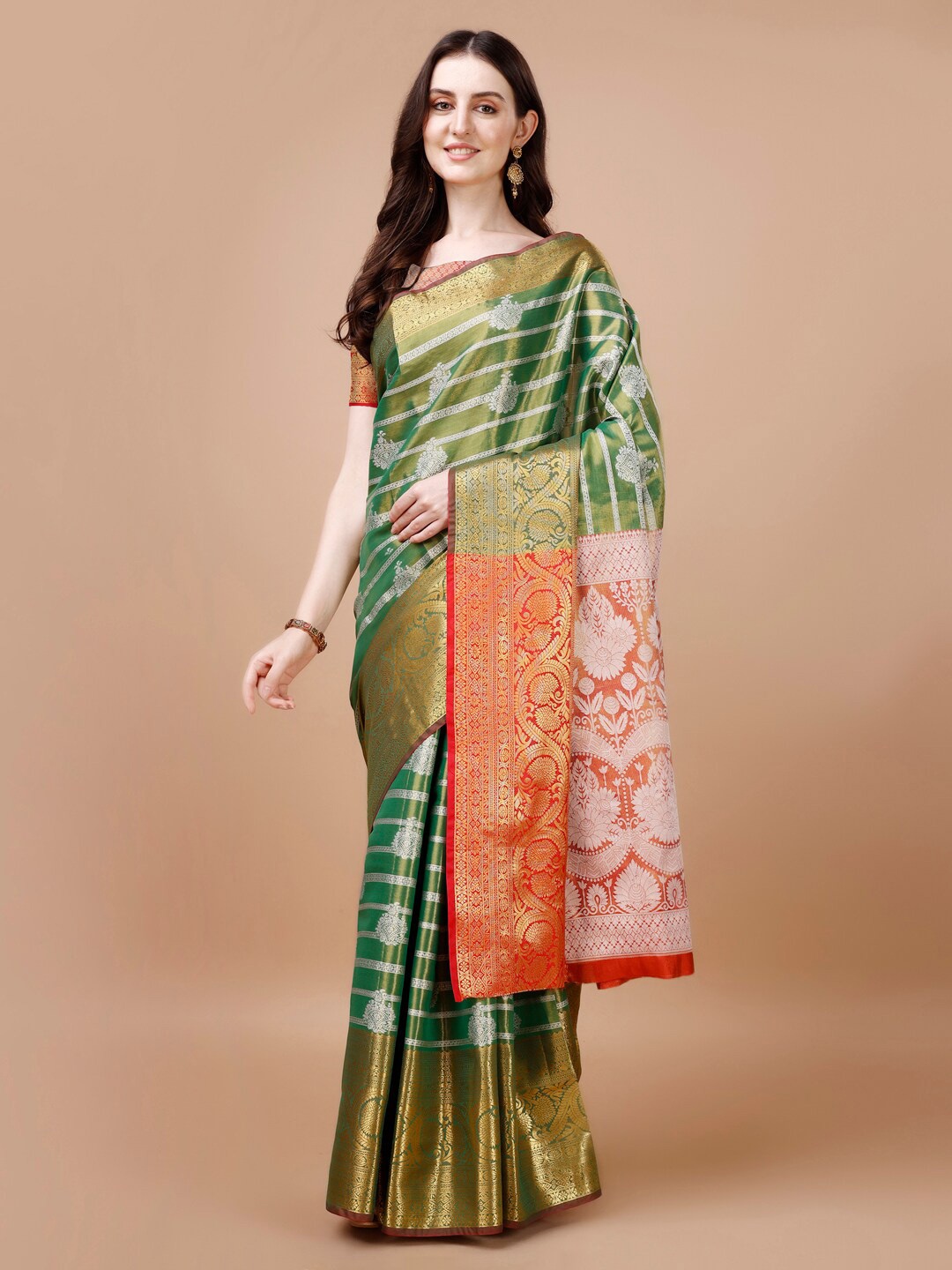 

JUST FASHION Floral Woven Design Zari Kanjeevaram Saree, Green