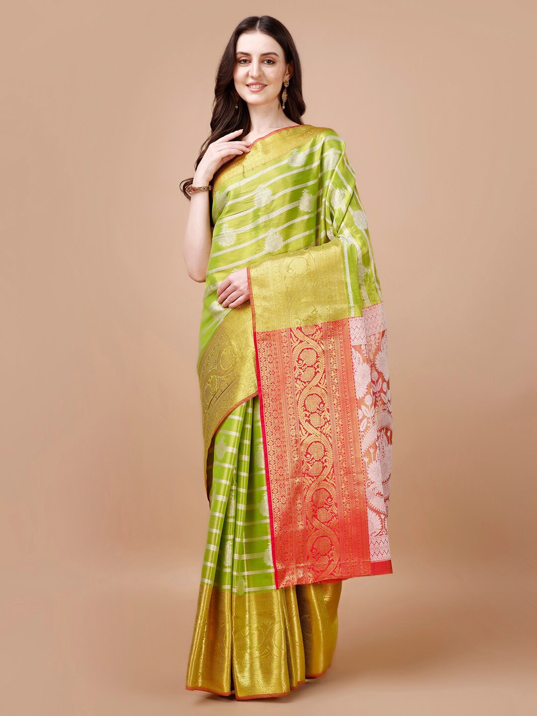 

JUST FASHION Ethnic Motifs Woven Design Zari Kanjeevaram Saree, Lime green