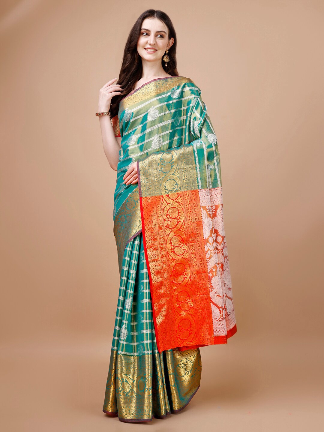 

JUST FASHION Ethnic Motifs Woven Design Zari Kanjeevaram Saree, Turquoise blue