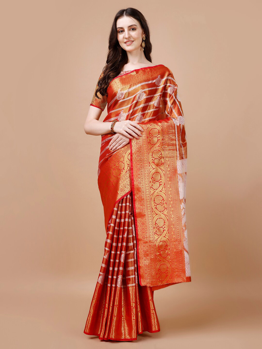 

JUST FASHION Ethnic Motifs Woven Design Zari Kanjeevaram Saree, Red