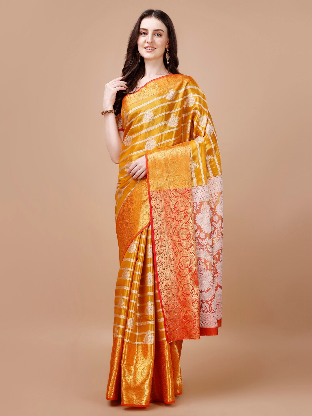 

JUST FASHION Woven Design Zari Kanjeevaram Saree, Gold