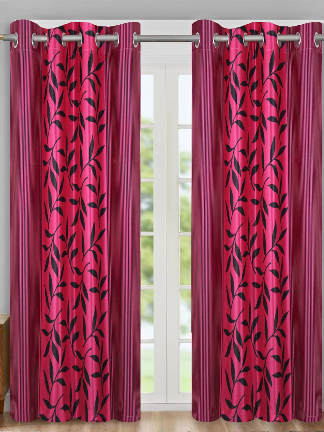 

Aura Pink & Purple 2 Pieces Floral Printed Room Darkening Long Door Curtain