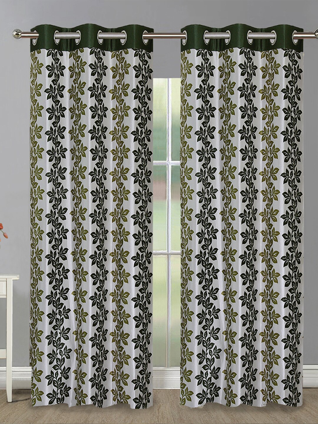 Aura Green & White 2Pcs Floral Room Darkening Long Door Curtain