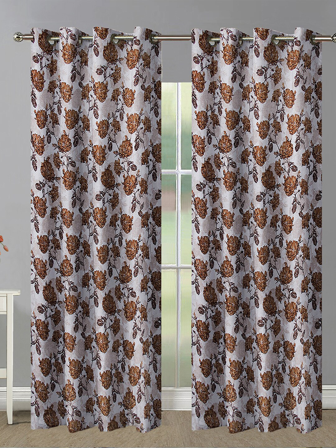 

Aura Brown & White 2 Pieces Floral Printed Room Darkening Eyelet Long Door Curtains