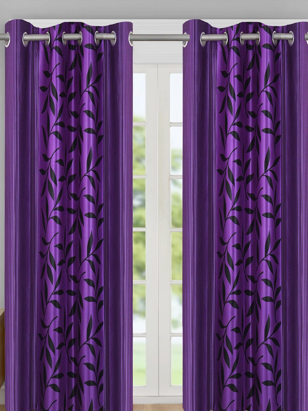 

Aura Purple & Black 2Pcs Floral Room Darkening Long Door Curtain
