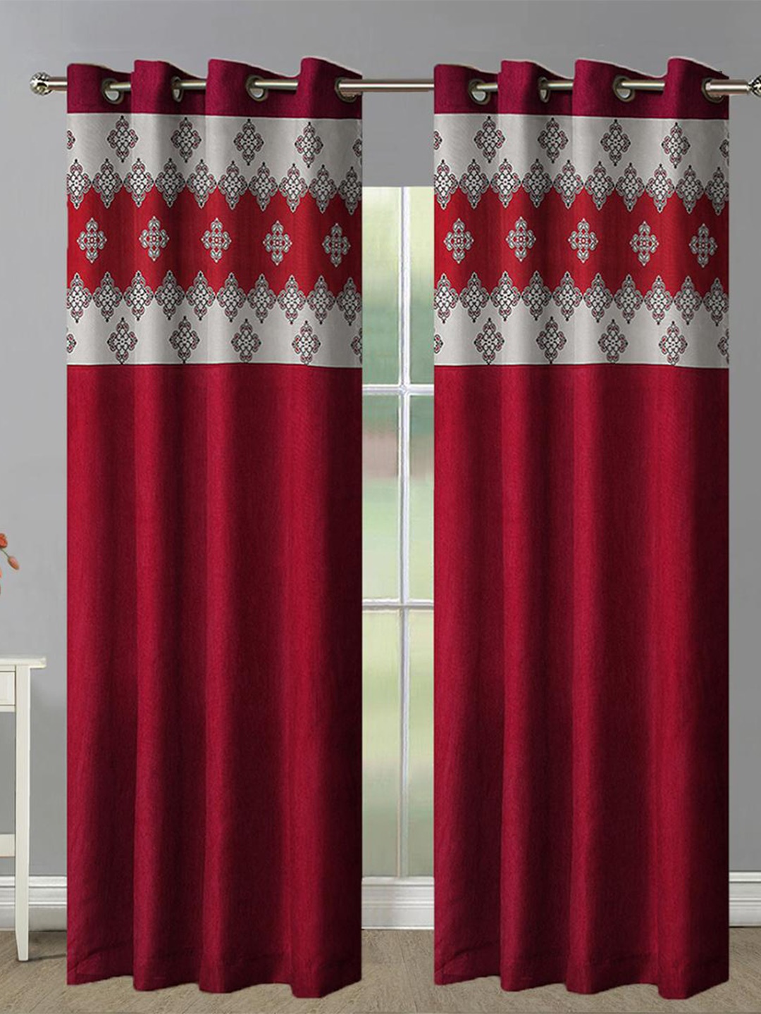 

Aura Maroon & White 2 Pieces Printed Room Darkening Eyelet Long Door Curtains