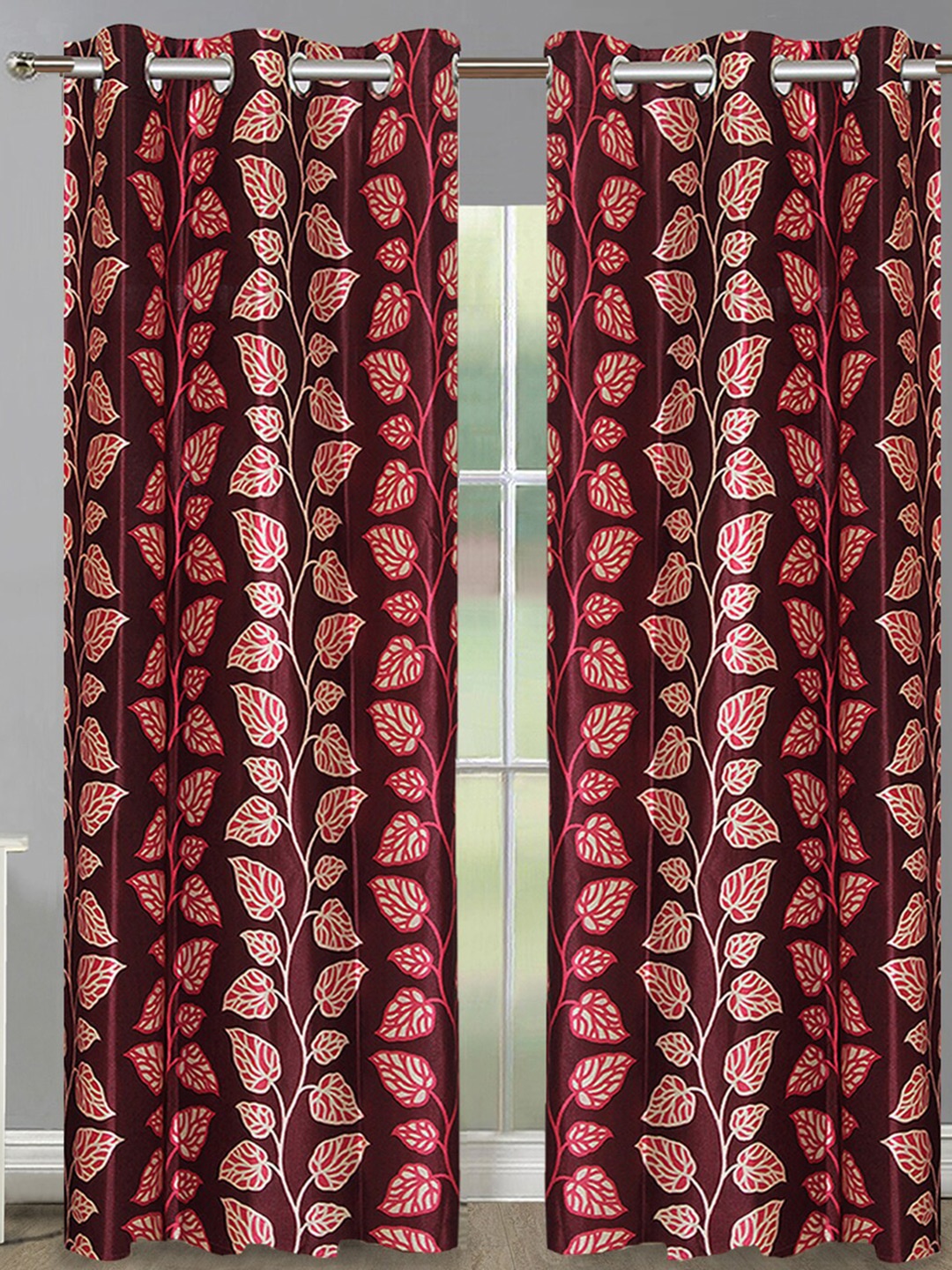 

Aura Maroon & White 2 Pieces Floral Printed Room Darkening Long Door Curtain