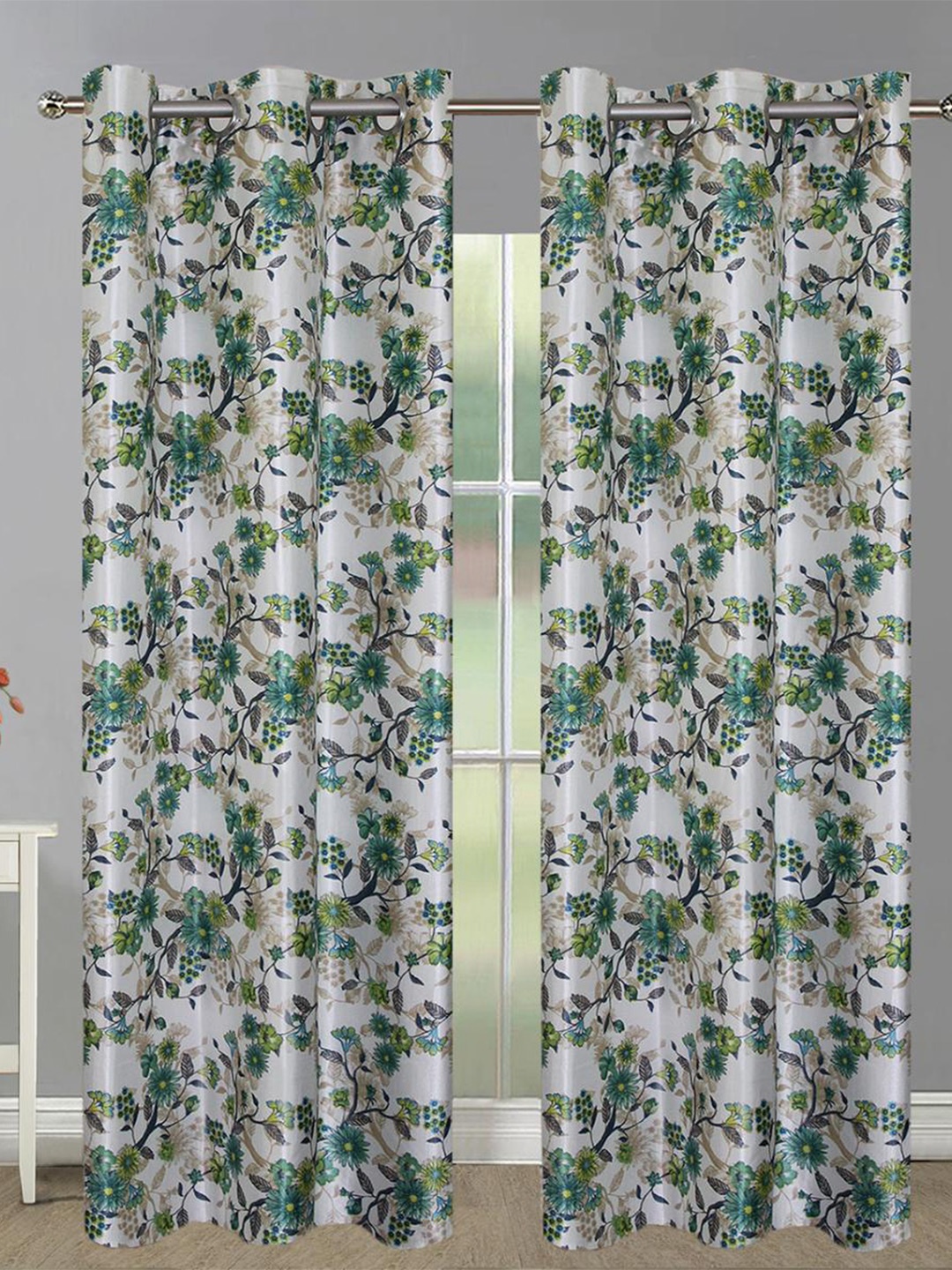 Aura Green & White 2 Pieces Floral Room Darkening Long Door Curtains