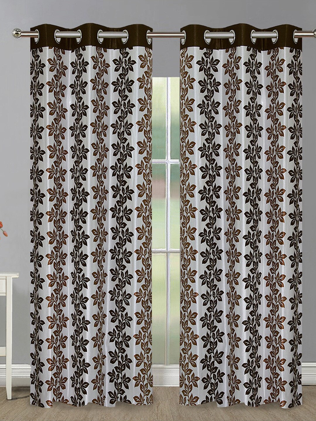 

Aura Brown & White 2 Pieces Floral Printed Room Darkening Long Door Curtain