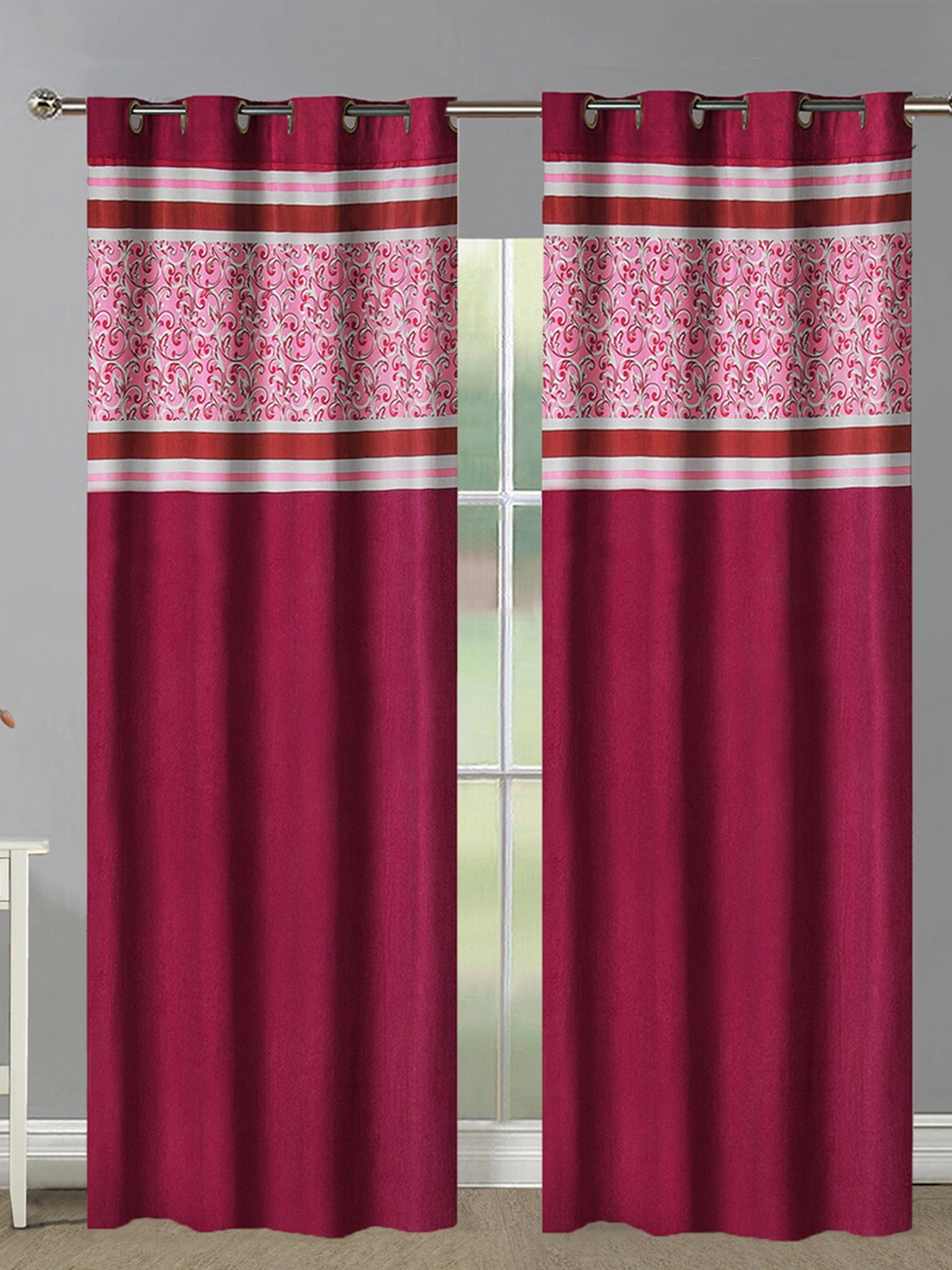 

Aura Maroon & Pink 2 Pieces Ethnic Motifs Room Darkening Long Door Curtain