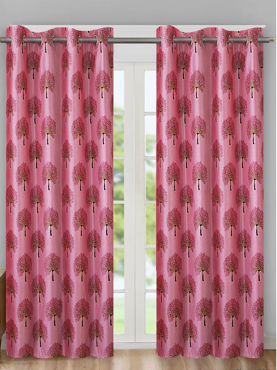 Aura Pink & Green 2 Pieces Floral Printed Room Darkening Eyelet Long Door Curtains