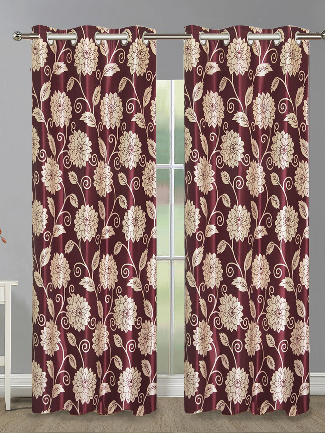 

Aura Maroon & White 2 Pieces Floral Printed Room Darkening Eyelet Long Door Curtains