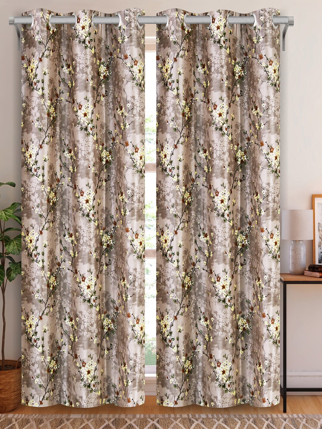 

Aura Grey & White 2 Pieces Floral Printed Room Darkening Long Door Curtain