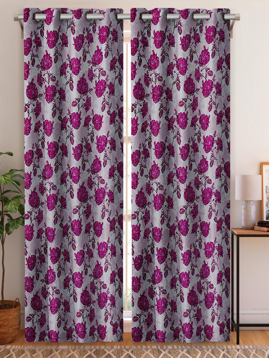 

Aura Grey & Pink 2Pcs Floral Room Darkening Long Door Curtain