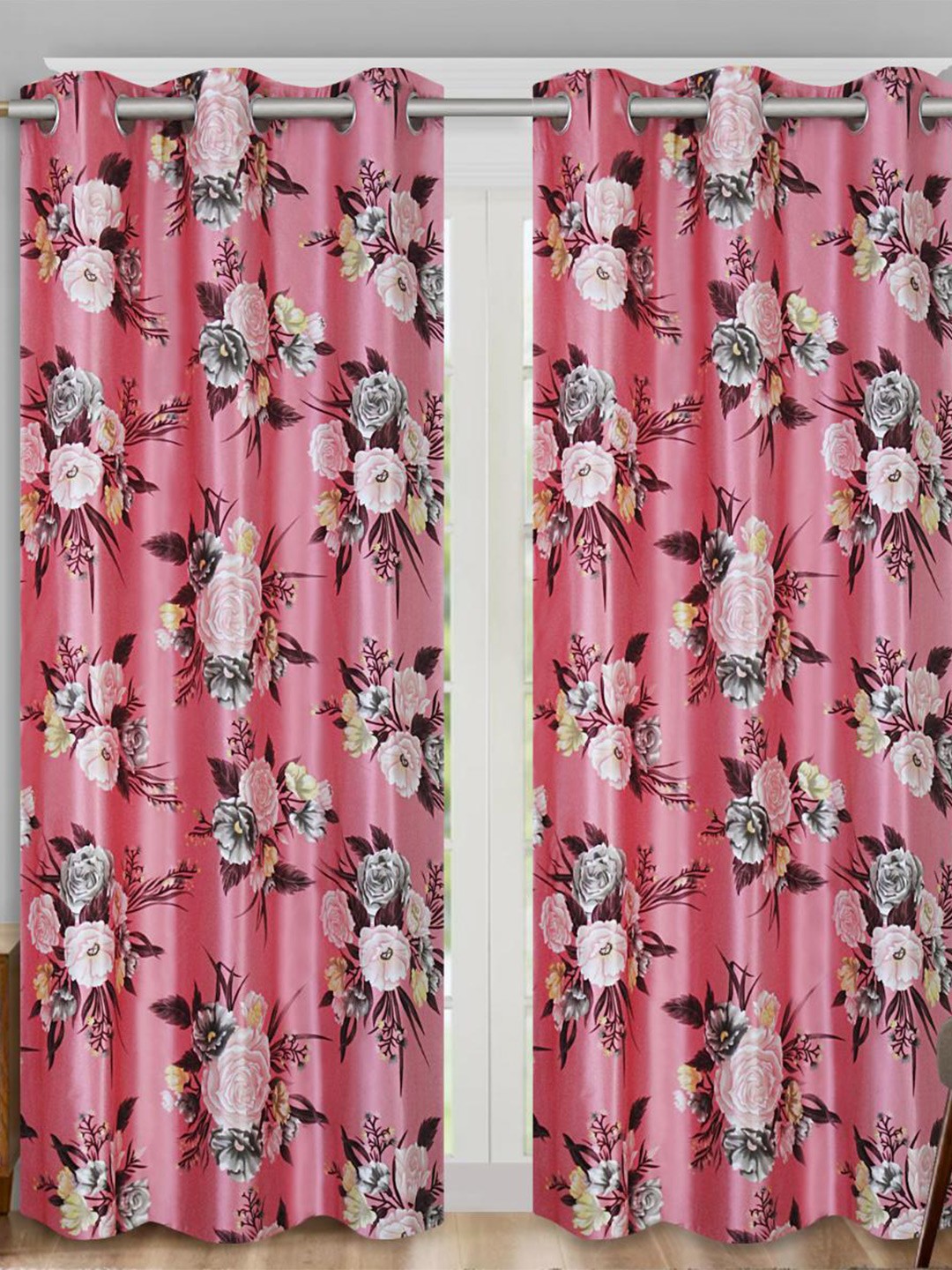 

Aura Pink & Grey 2 Pieces Floral Room Darkening Long Door Curtains